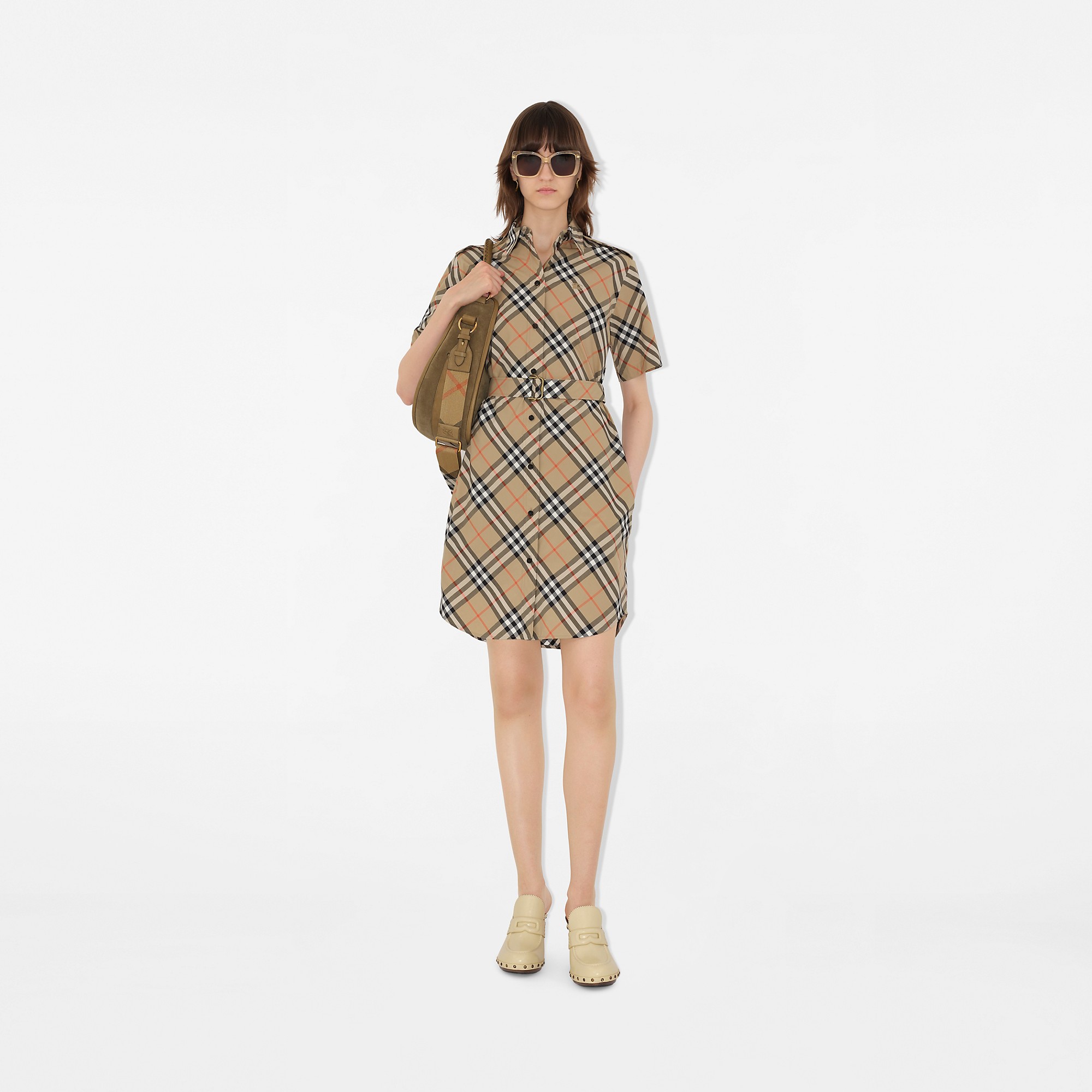Burberry beige Clothing Burberry Check Cotton Shirt Dress in Sand beige Women #394433 View 2 | Nigo Office