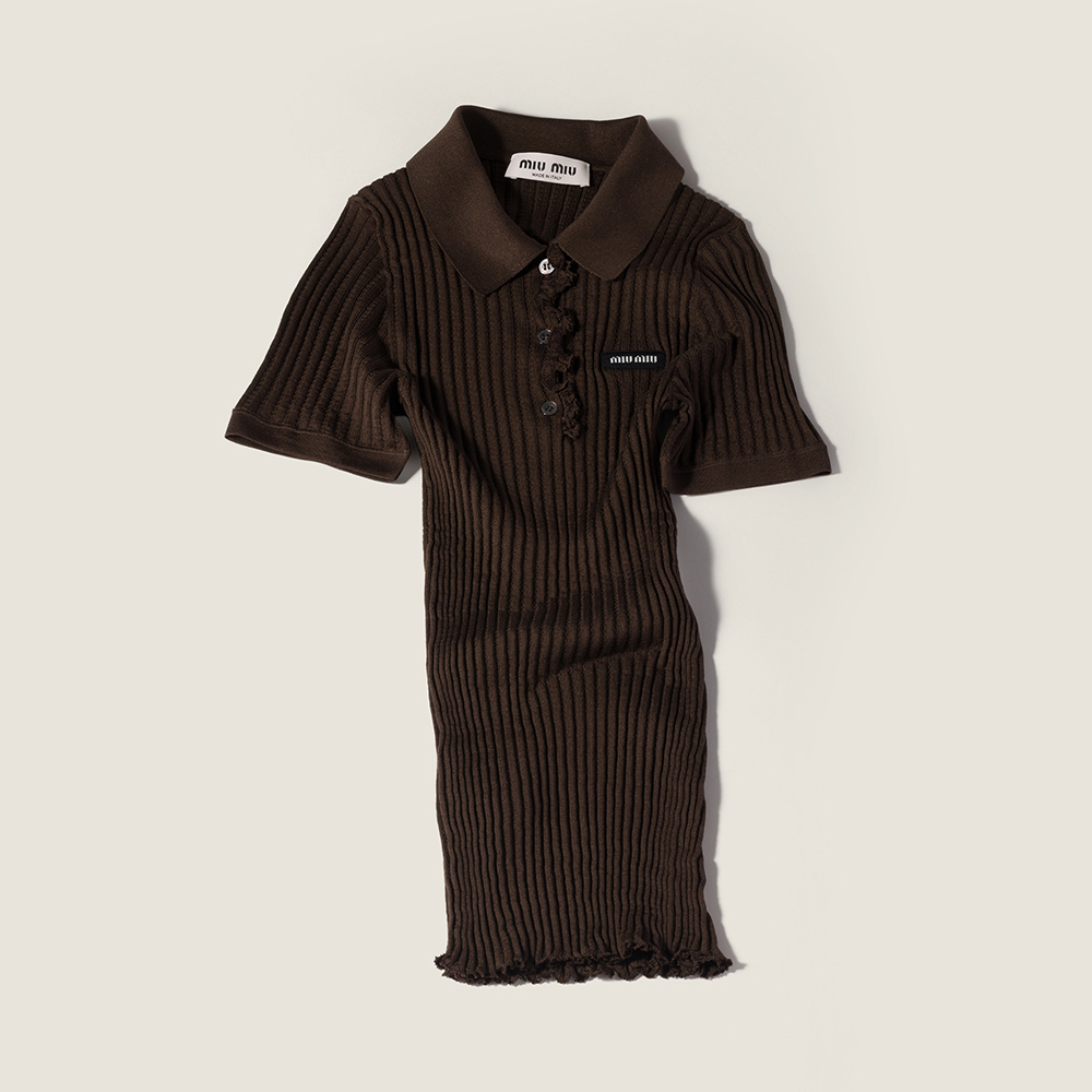 MiuMiu Cocoa Brown Silk Knit Polo Shirt #388356