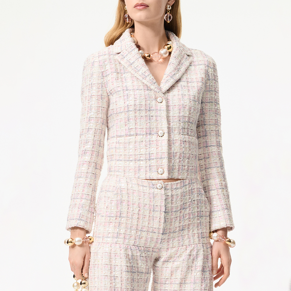 Chanel Jacket Cotton Tweed Ecru Pink Grey #381776