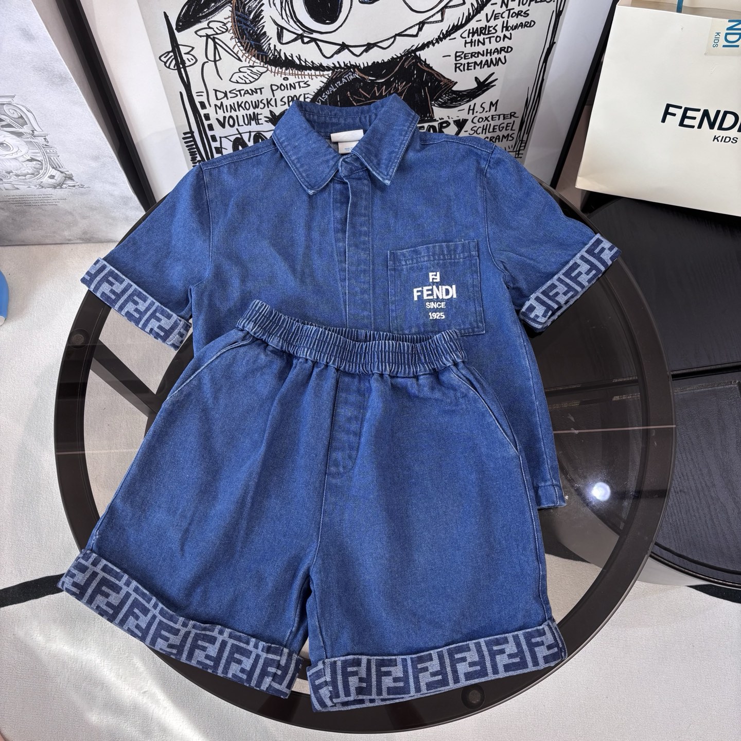 Fendi Unisex Kids Vintage Blue Soft Denim Short Sleeve Shirt & FF Logo Cuff Elastic Waist Shorts Two Piece Matching Set Boys Girls Sizes 100-160