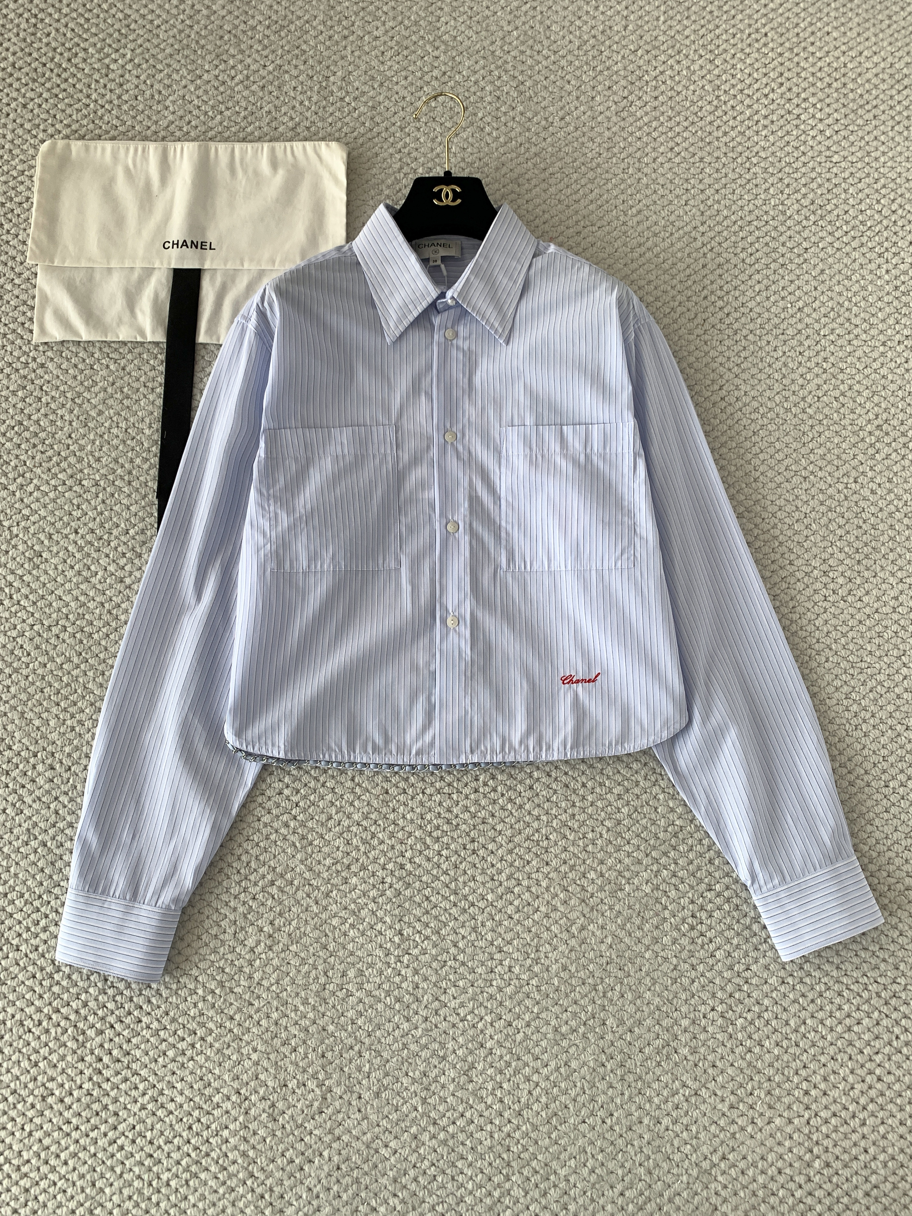Chanel Long-sleeved Shirt Cotton Poplin Blue White #380017