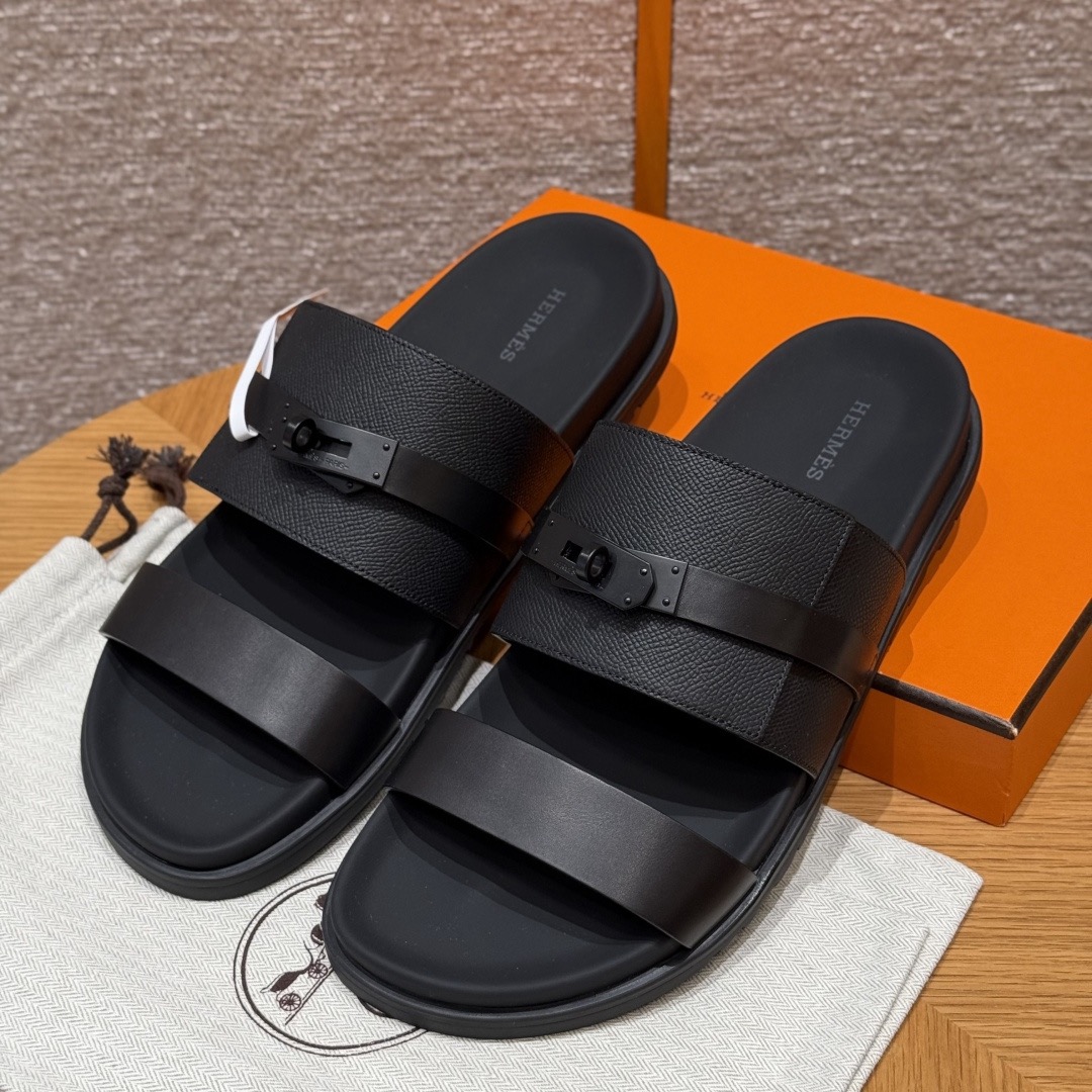 [TOP] HERMES Men's Jackson Calfskin Slippers - Black - 711 Luxury