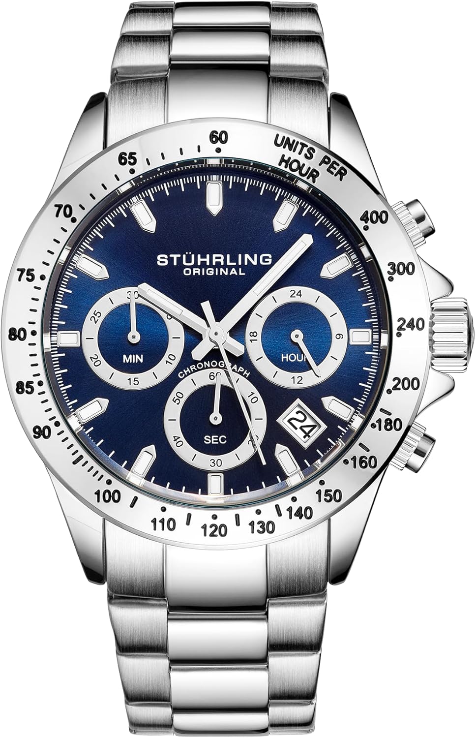 Stührling Original Men’s Chronograph Watch Blue Dial, Stainless Steel Bracelet, Quartz Analog Mens Watch, Tachymeter Sport Watch for Men, 100M Water Resistant Men’s Wrist Watch