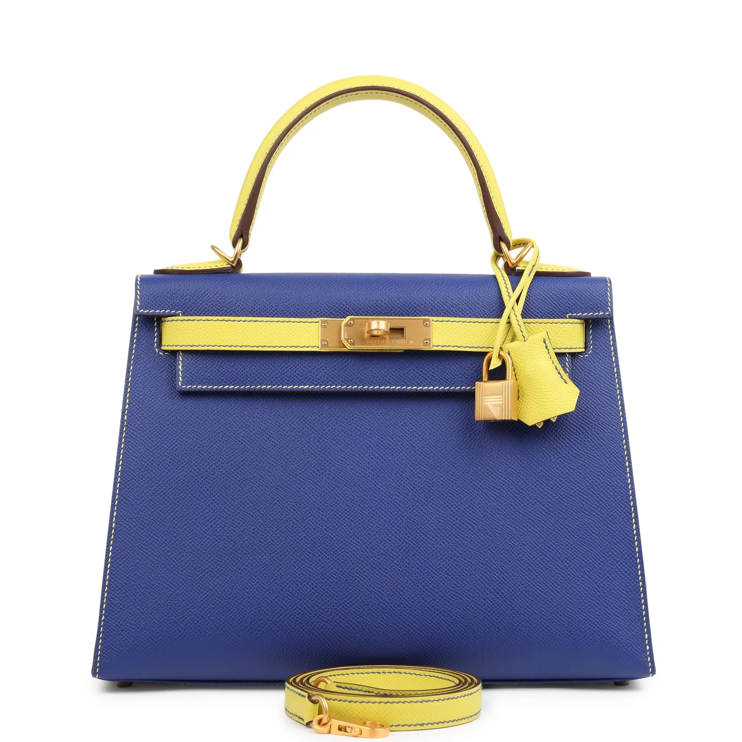 Hermes Special Order (HSS) Kelly Sellier  Bleu Electric and Lime Epsom Brushed Gold Hardware
