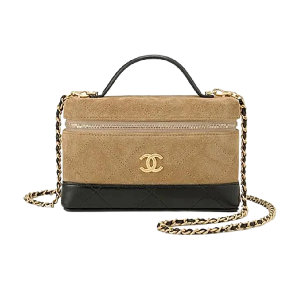 Chanel Top Handle Vanity Case Suede Calfskin With Chain and Shiny Lambskin With Gold-tone Metal #387674