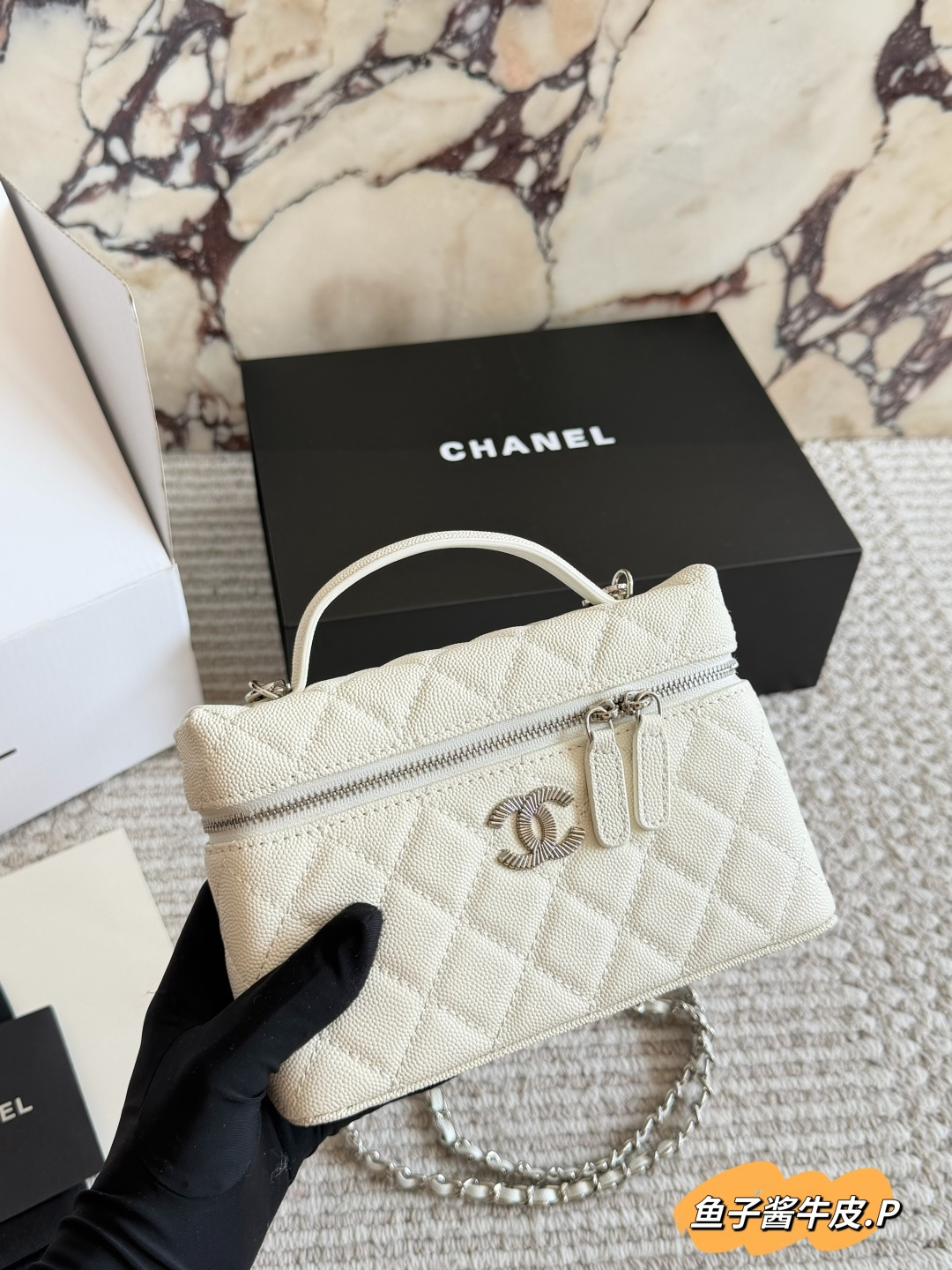Chanel LP69 Cream Quilted Leather Handbag with Metal Logo and Chain Strap (Replica)
