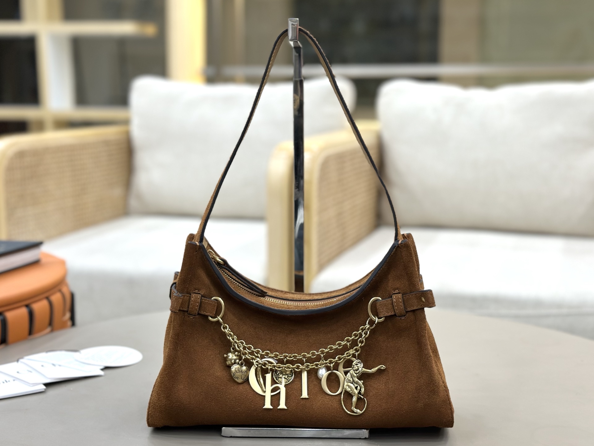 [TOP] Chloe Charms Hobo Bag Suede Leather 28.5*18*10cm - Brown - 711 Luxury