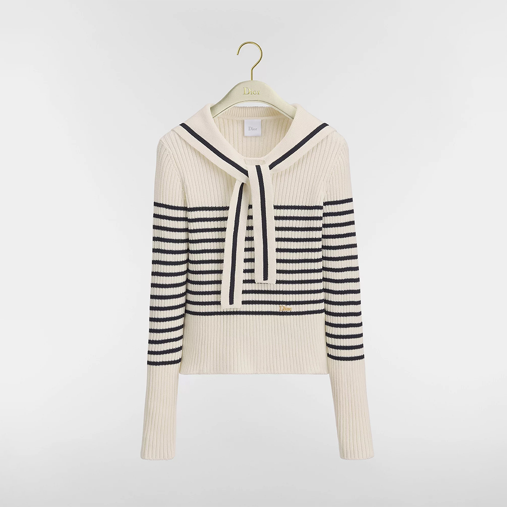 DIOR Dioriviera Dior Marinière Sweater with Sailor Collar White and Navy Blue Ribbed Cotton Knit #396972