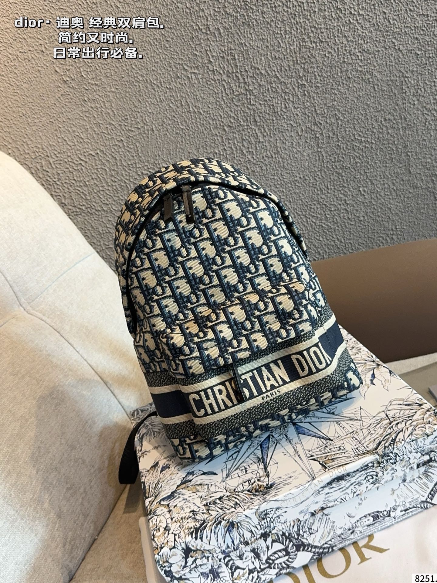 Dior Canvas Backpack with Logo Pattern, Adjustable Straps, Zipper Closure (Replica)