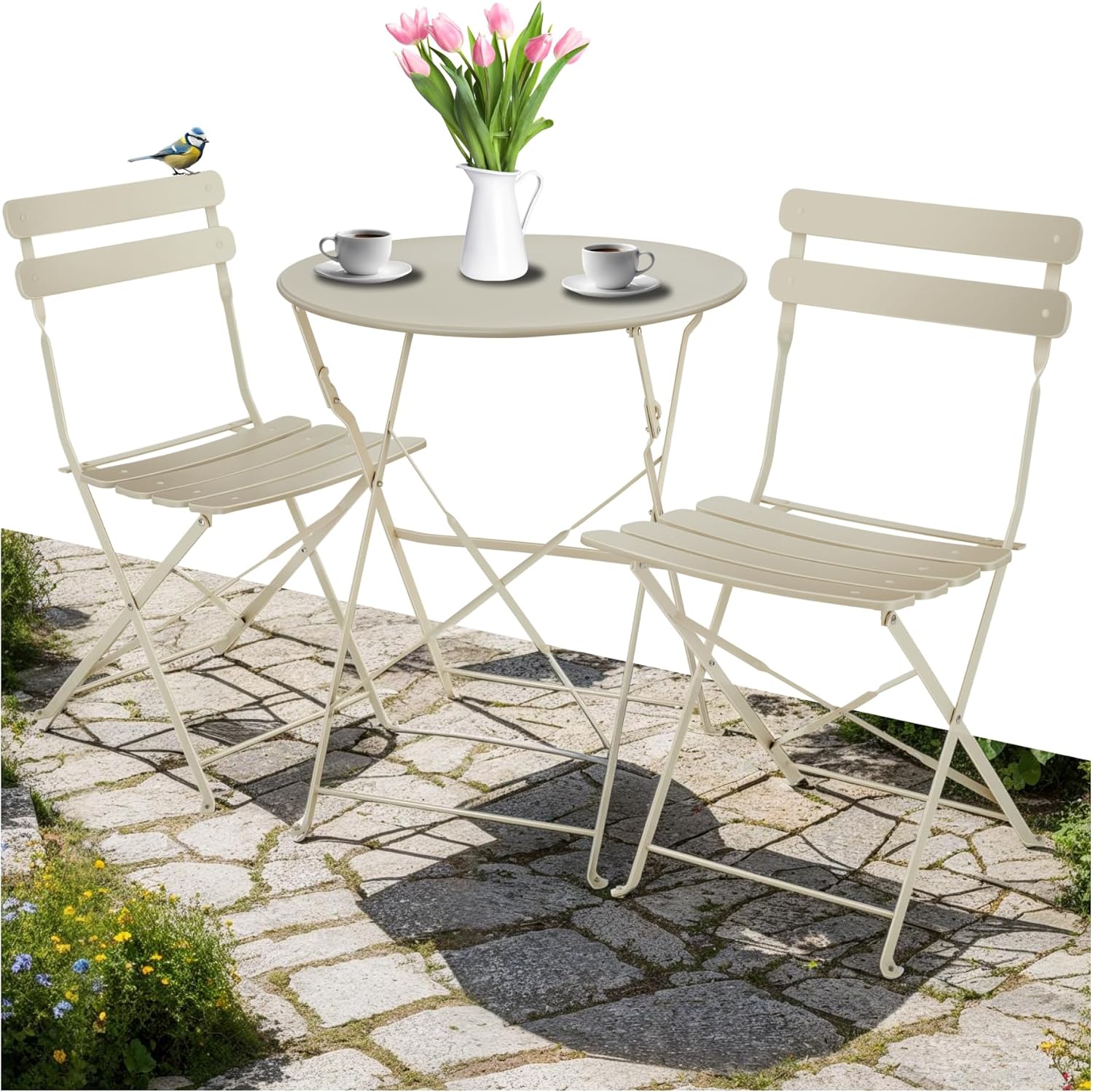 2-Person Outdoor Bistro Table and Folding Chairs Set – Round Coffee Table & Bar Seating, Epoxy-Coated Steel Garden Furniture for Balcony, Patio & Terrace