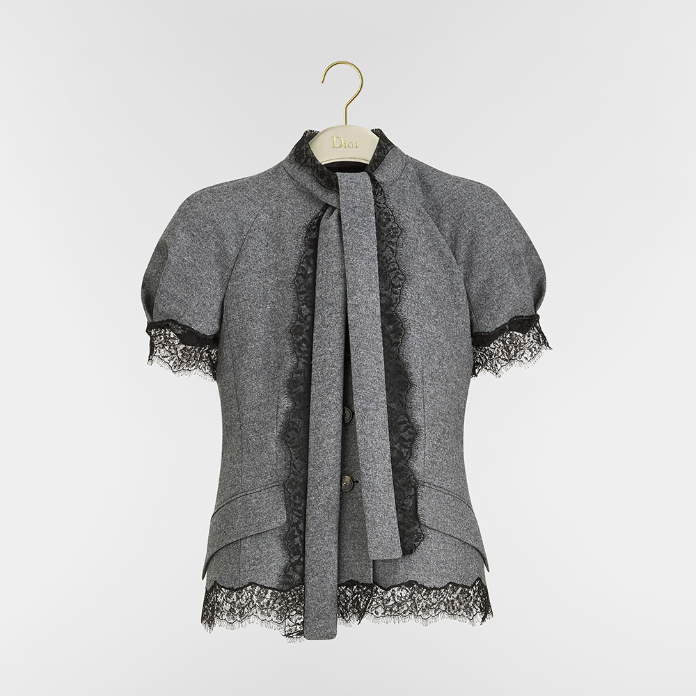 DIOR Short-Sleeved Jacket and Mid-Length Straight Skirt  Heathered Gray Wool-Cashmere Flannel and Black Lace  #389357