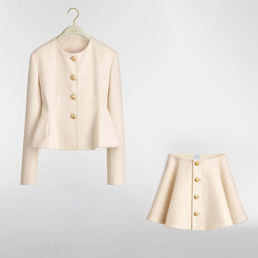 Dior beige Clothing DIOR Peplum Jacket and Flared Miniskirt Beige Virgin Wool-Blend Bouclé Tweed #378422 | Nigo Office