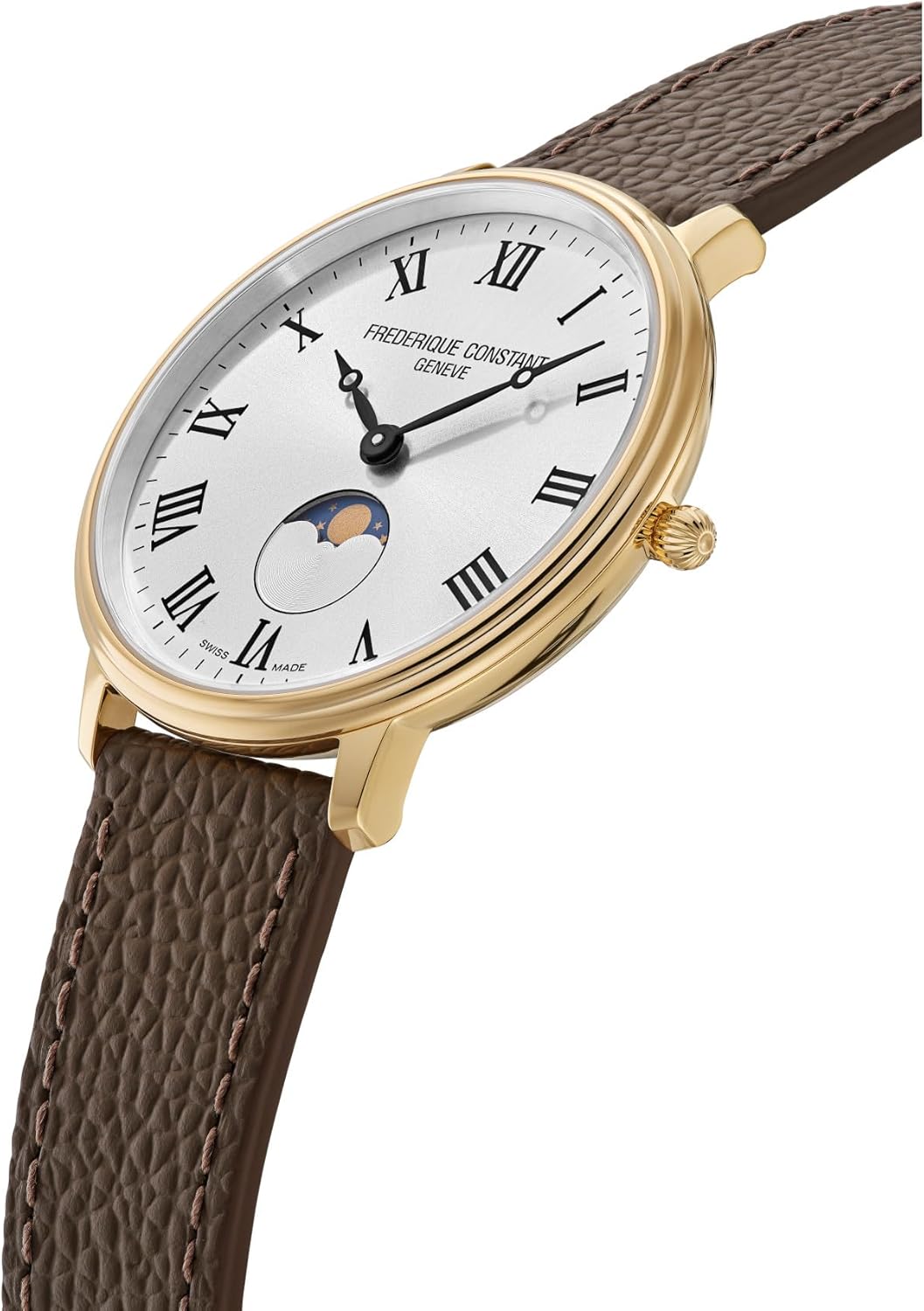 Frederique Constant Classic Quartz Moonphase Gold Stainless Steel Case Watch and Brown Leather Strap, Silver Dial, Style: FC-206RS3S5