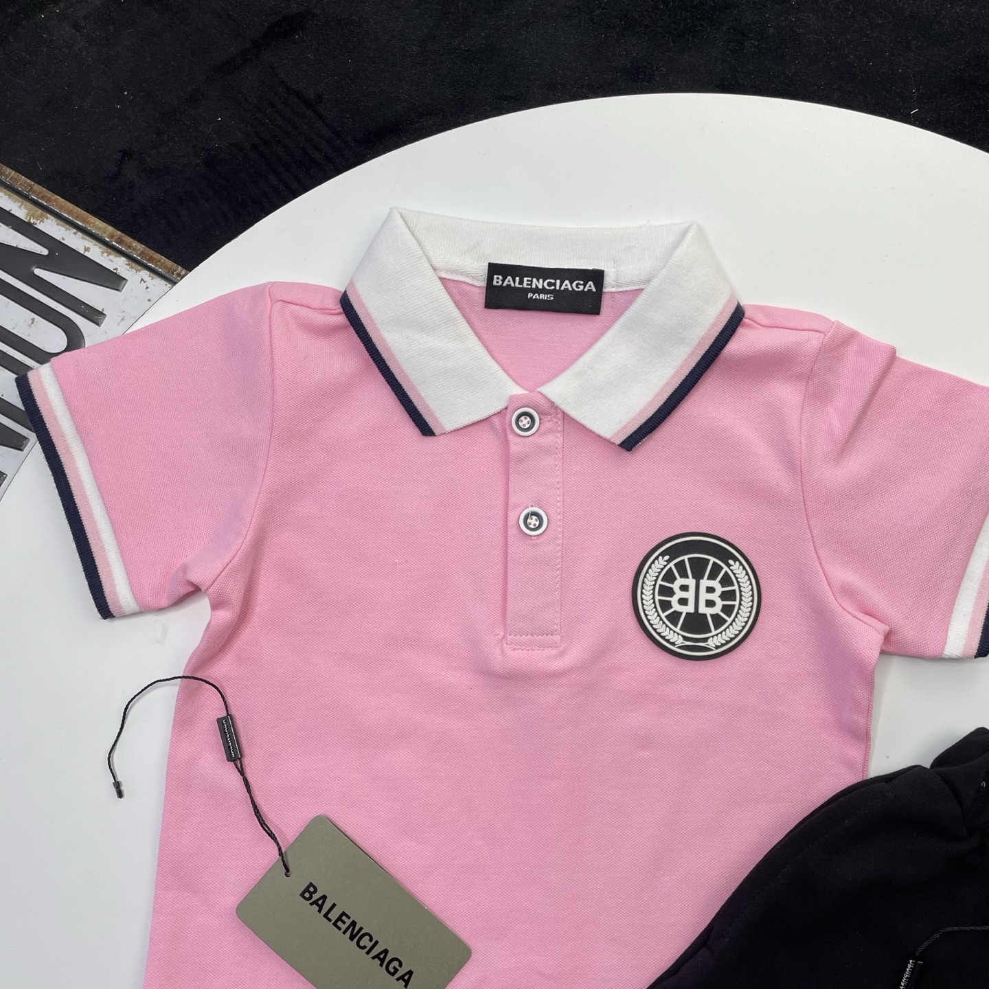 Balenciaga Unisex Kids Contrast Strip Collar BB Circle Patch Short Sleeve Polo & Drawstring Casual Shorts 2 Piece Set Boys Girls Sizes 90-150