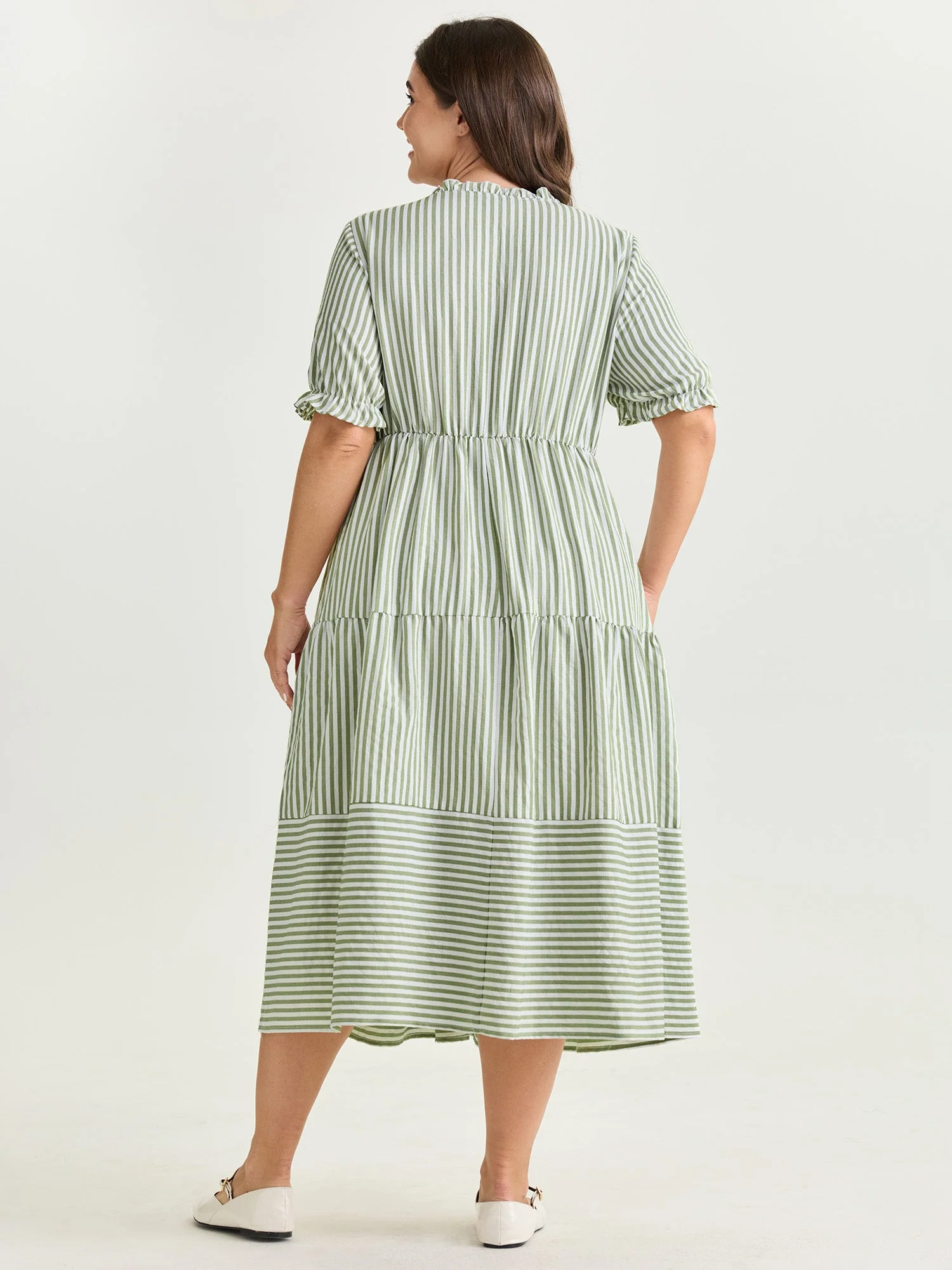 Striped Print Drawstring Tiered Maxi Dress