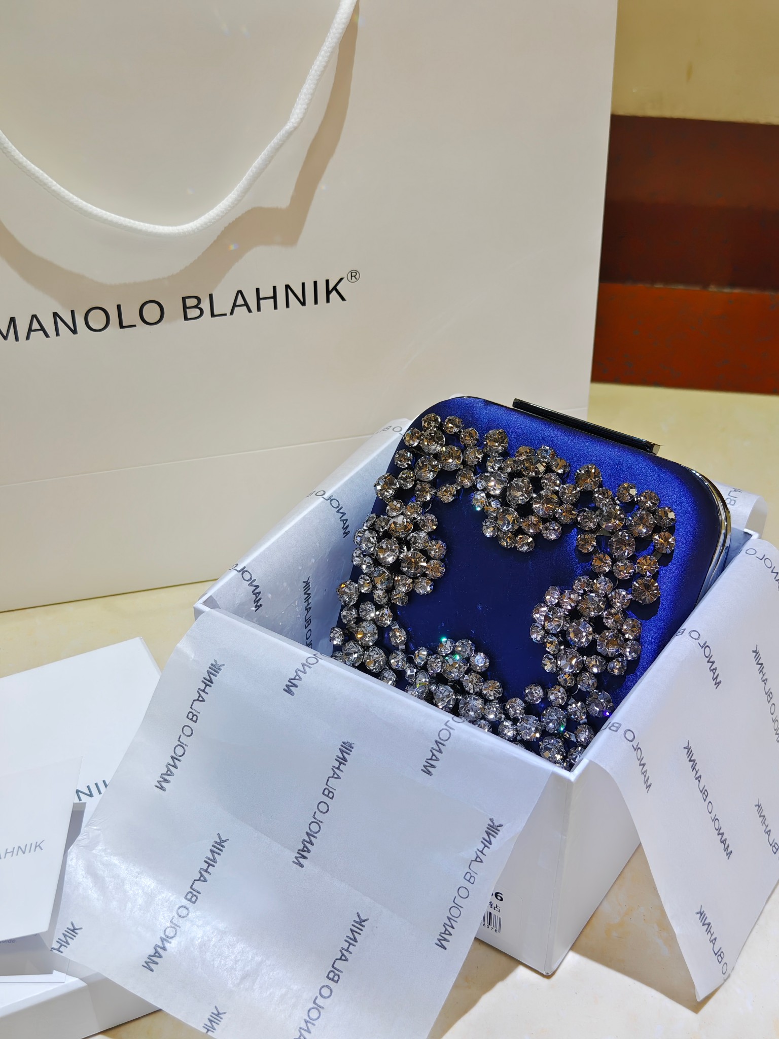 [TOP] MANOLO BLAHNIK Lace-patterned Square Bag 15.8*17*7.3cm - Blue - 711 Luxury