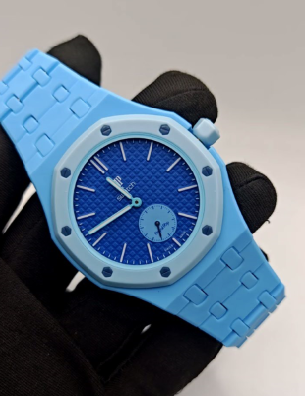 Audemars Piguet Royal Oak Small Second Watch All Light Blue Rubber Case Bracelet Deep Blue Tapisserie Dial Luxury Men Mechanical Wristwatch