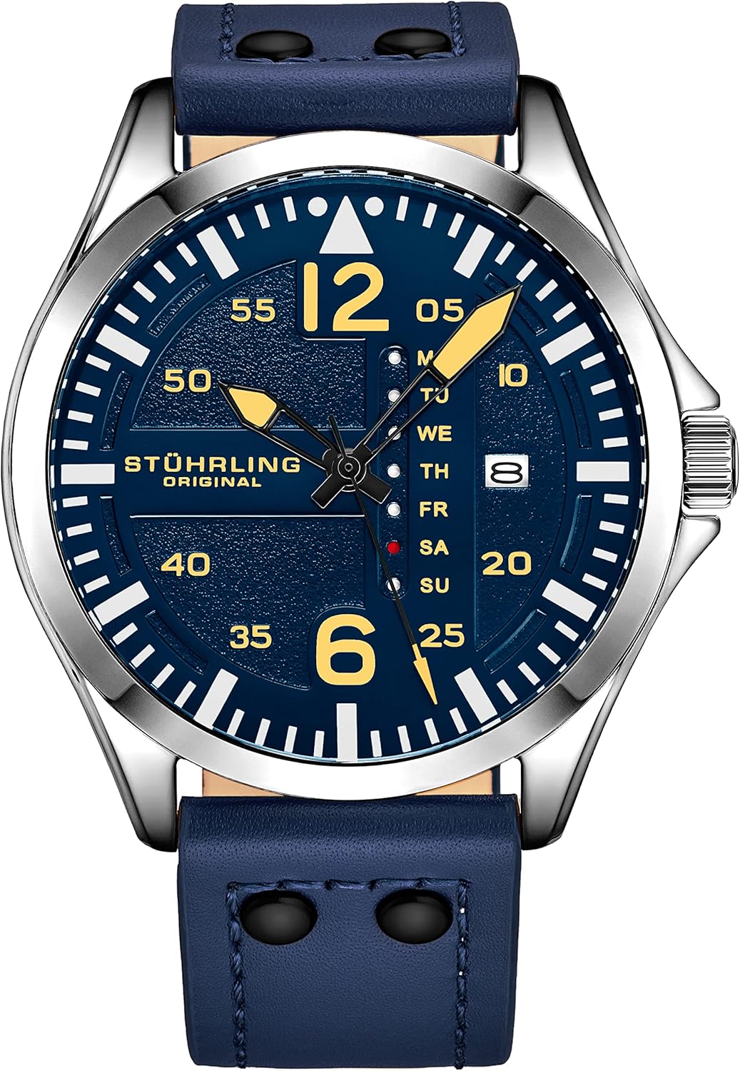 Stuhrling Original Mens Leather Watch -Aviation Watch, Quick-Set Day-Date Leather Band with Steel Rivets,