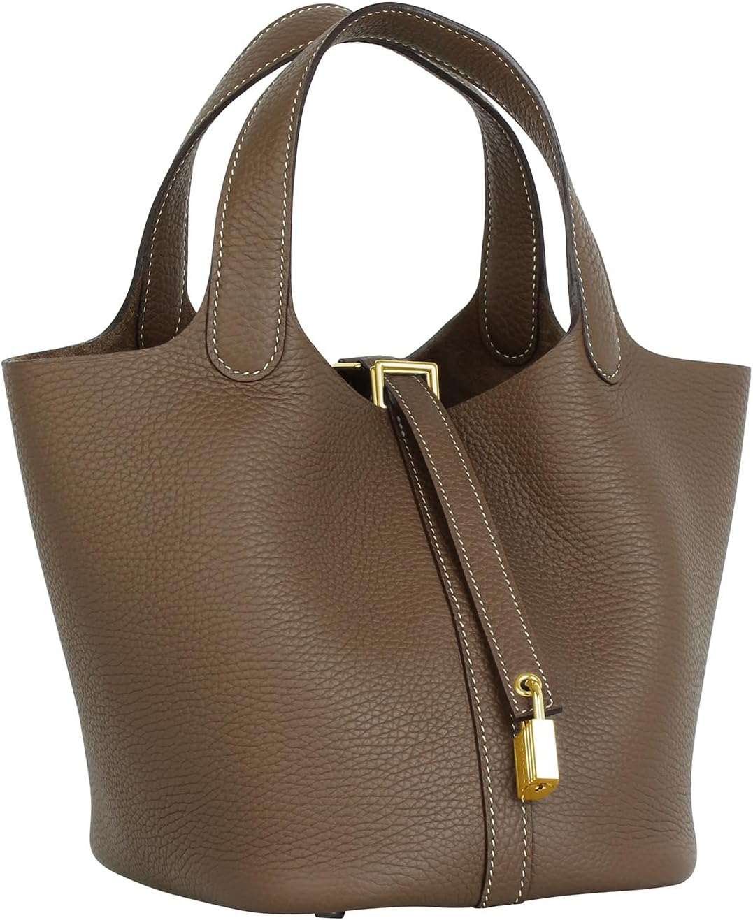 Lafillmiss Genuine Leather Bucket Bag for Women Handheld tote bag with metal clasp, bohemian-style market tote bag(Elephant gray-gold)