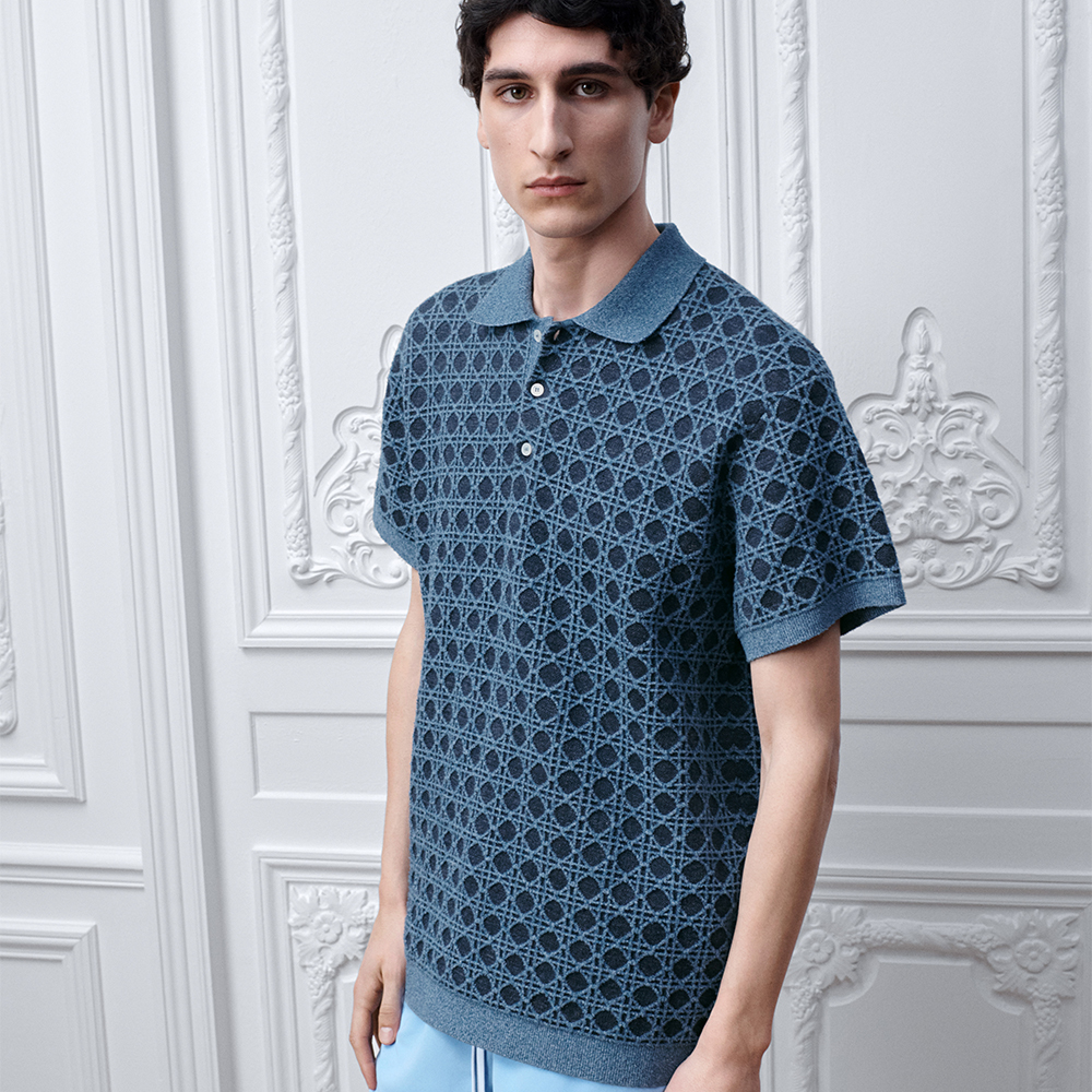 DIOR Dioriviera Cannage Polo Shirt Regular Fit Blue Cotton-Linen-Blend Knit #385413