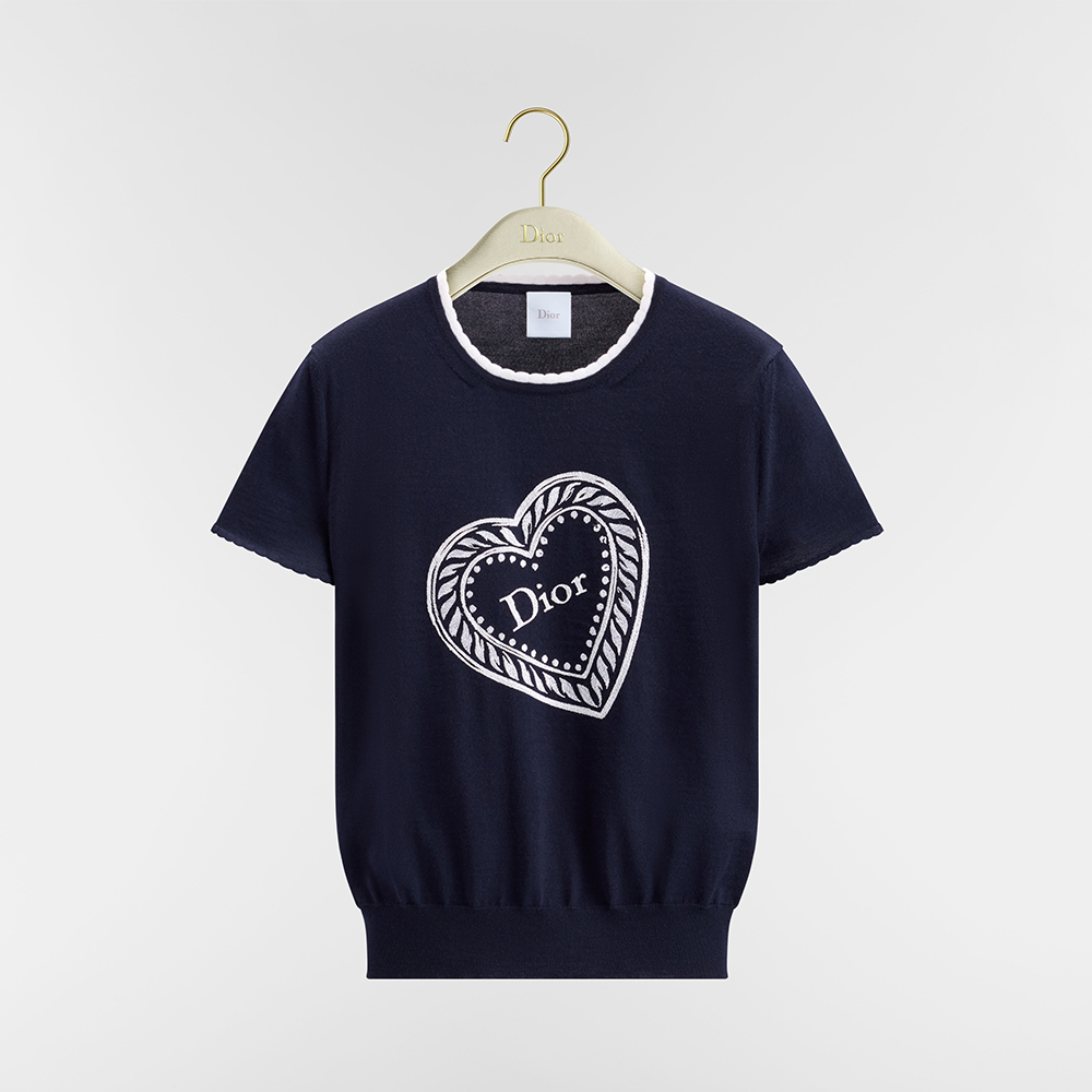Dior white Clothing DIOR Dior Qixi Short-Sleeved Sweater Navy Blue Virgin Wool Jersey with White Dior Heart Locket Motif #395