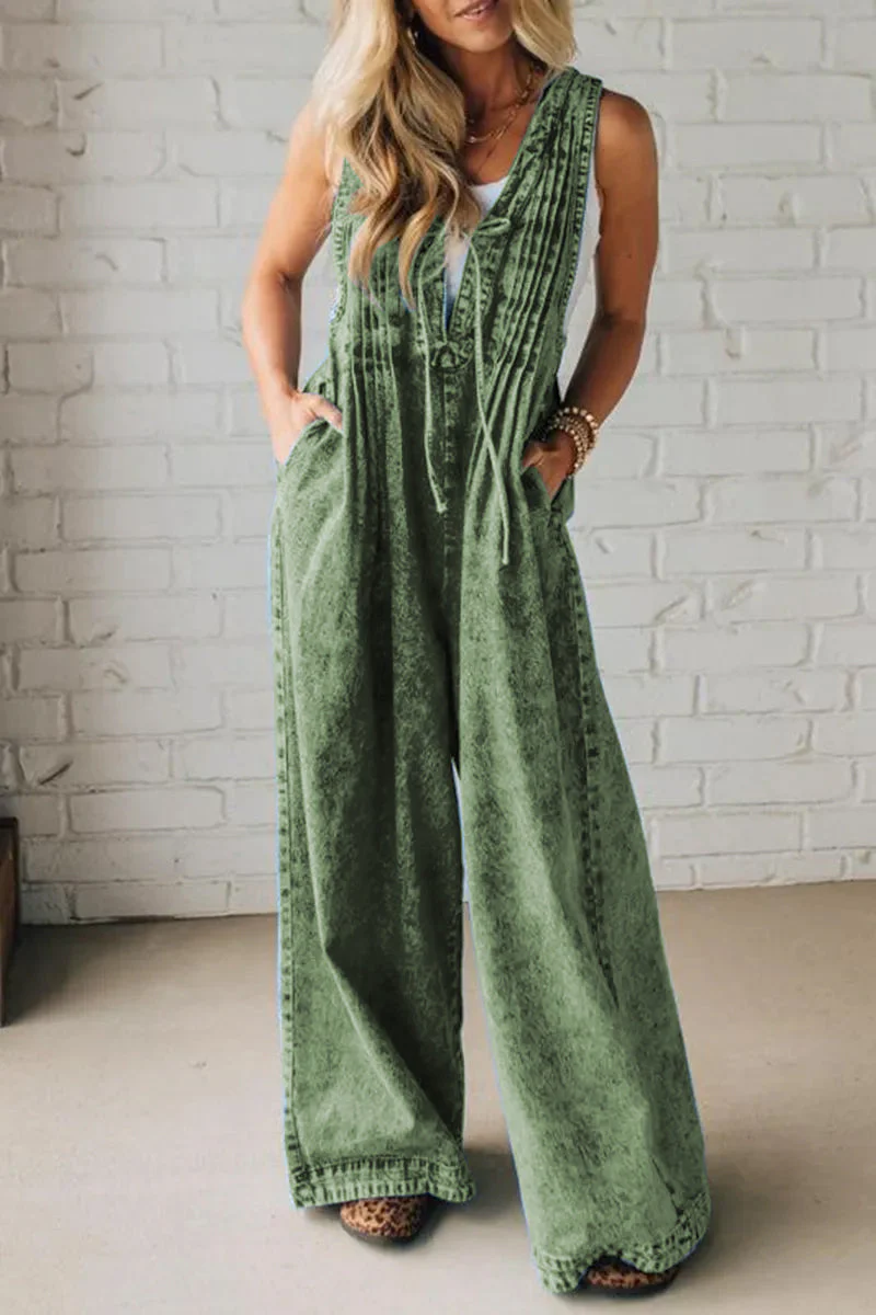 Ladies' Shoulder Strap Hollow Splicing Pleated Casual Jumpsuit