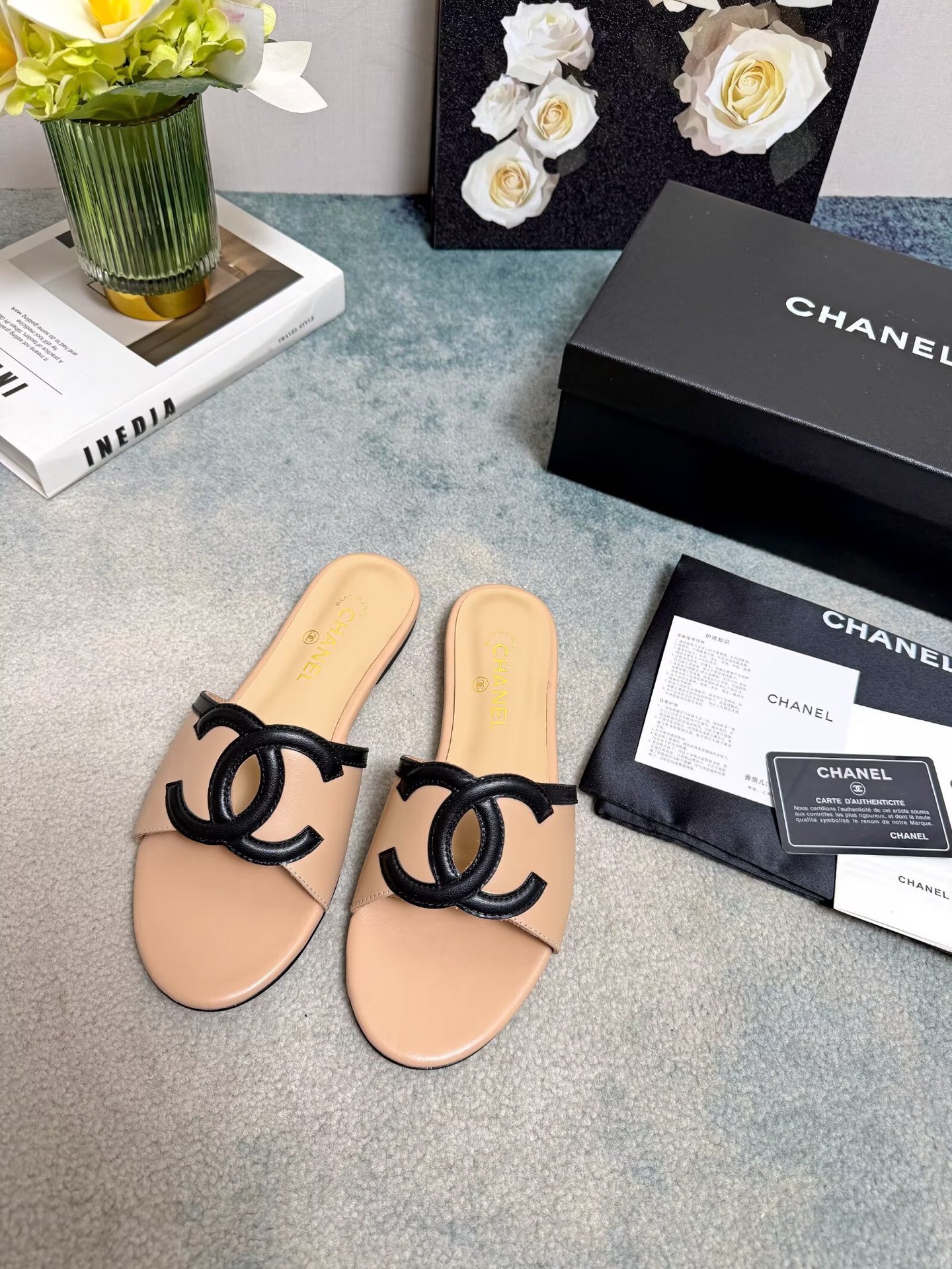 [TOP] CHANEL CC Slippers Cowhide - Apricot - 711 Luxury