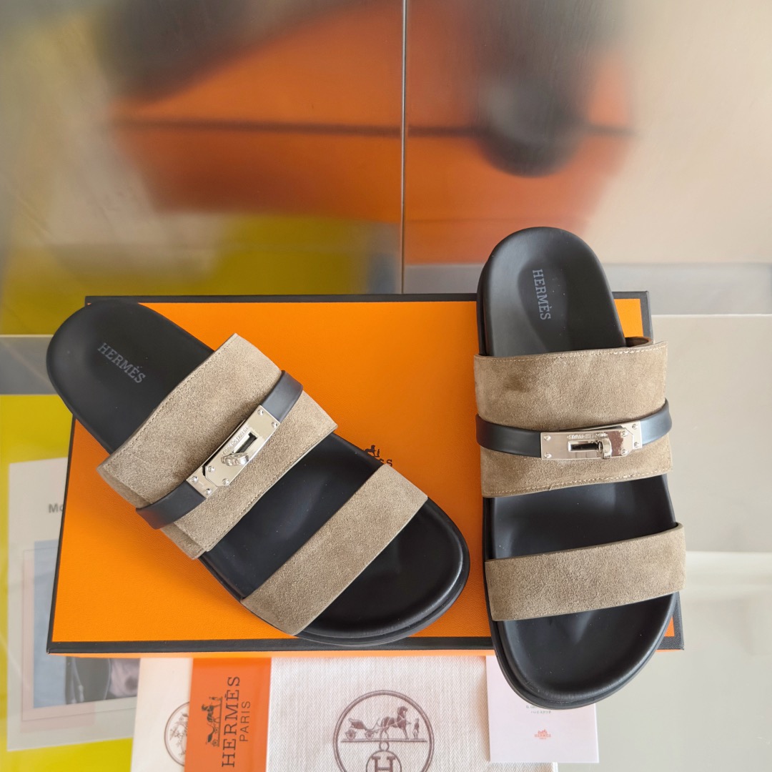 [TOP] HERMES Men's/Women's Jackson Calfskin Slippers - Gray - 711 Luxury
