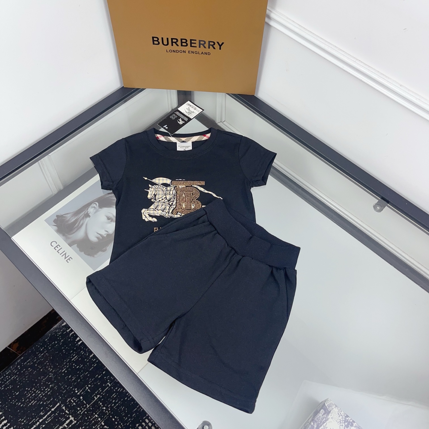 Burberry Unisex Kids Black Rhinestone Equestrian Knight Print Short Sleeve T Shirt & Solid Elastic Waist Knit Shorts Two Piece Casual Matching Set Boys Girls Sizes 90-130