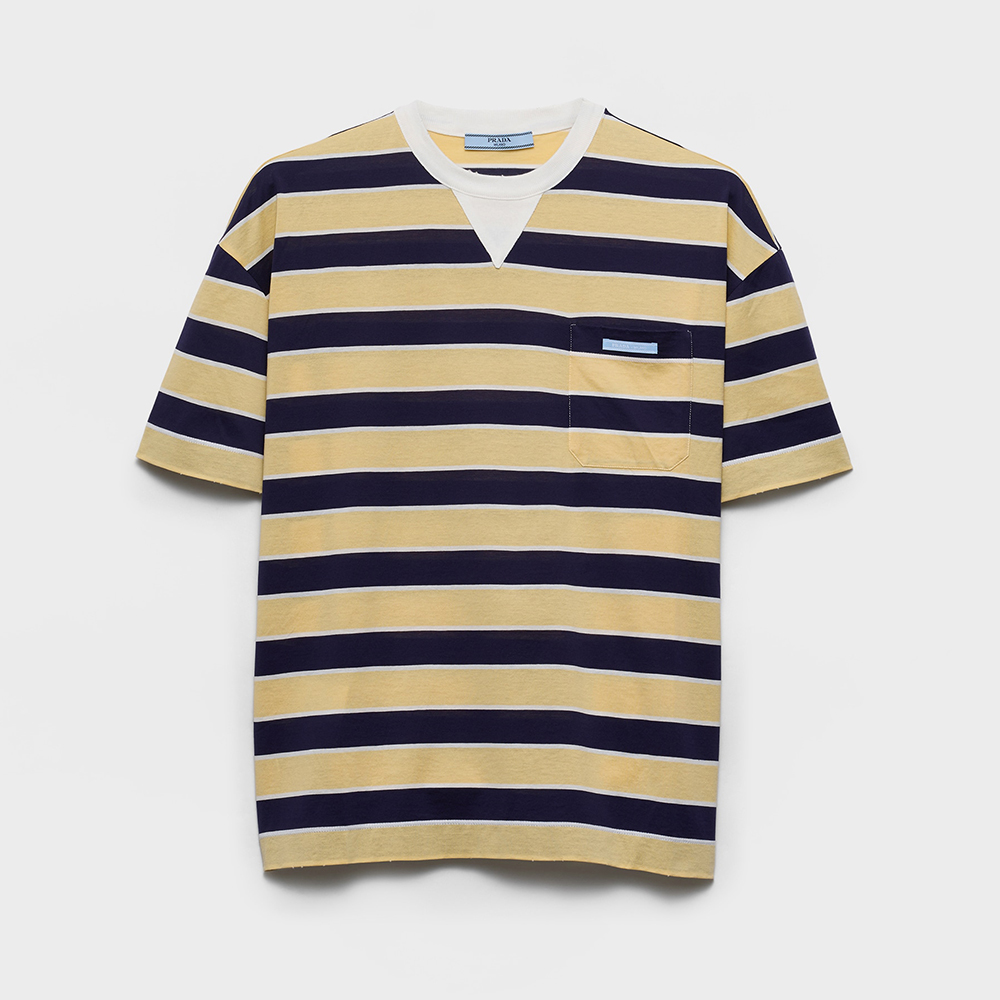 PRADA Blue Cream Bayadere Striped Lisle Cotton T-shirt #378657
