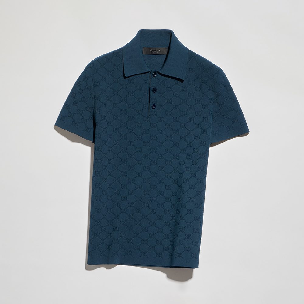 GUCCI Technical GG Jacquard Fabric Polo Shirt in Dark Blue #387378