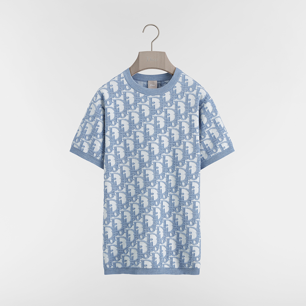 DIOR Dior Oblique T-Shirt Regular Fit Blue Cotton-Wool-Silk Jacquard #381597