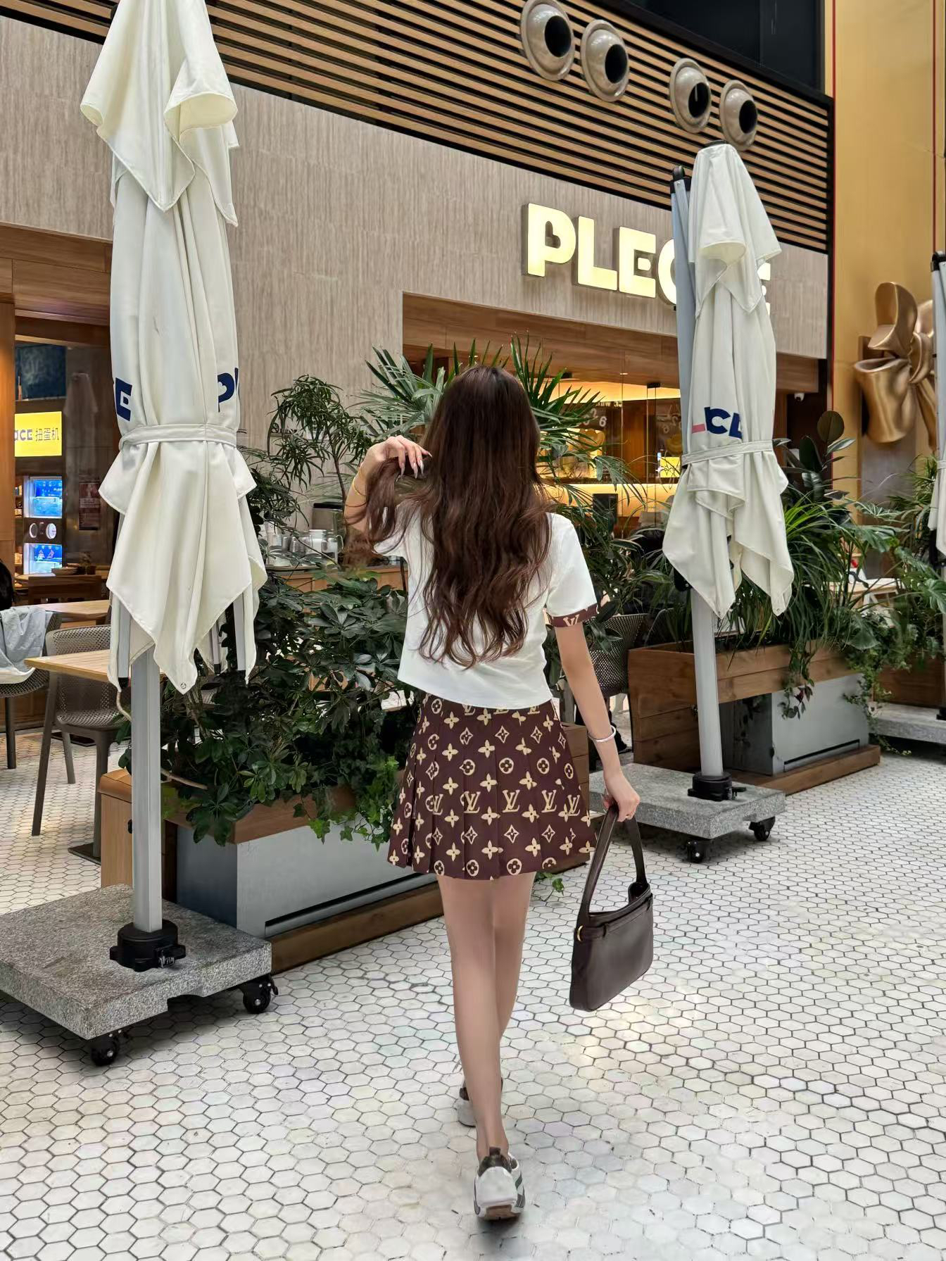 [TOP] Louis Vuitton LV Polo T-shirt + Skirt Set - White/Brown
