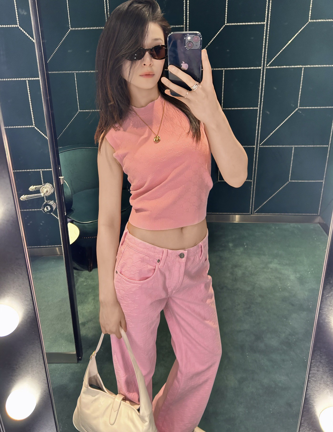 [TOP] GUCCI Jacquard Crew Neck Sleeveless Vest Top - Pink