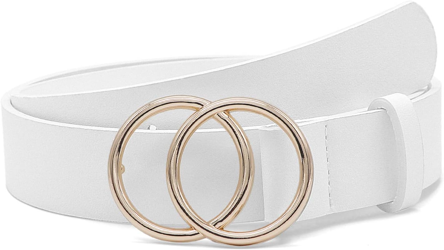 SUOSDEY Women Leather Belt Fashion Double O-Ring Soft Faux Leather Waist Belts For Jeans Dress