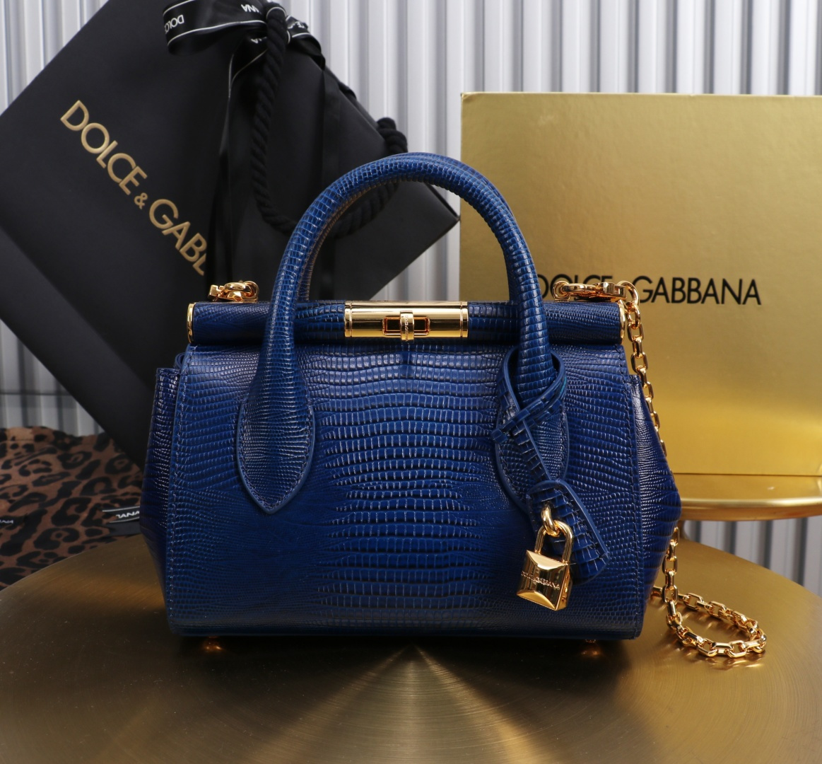 [TOP] Dolce & Gabbana D&G Marlene Bag Calfskin with Lizard Print 19x13.5x7cm - Royal Blue - 711 Luxury