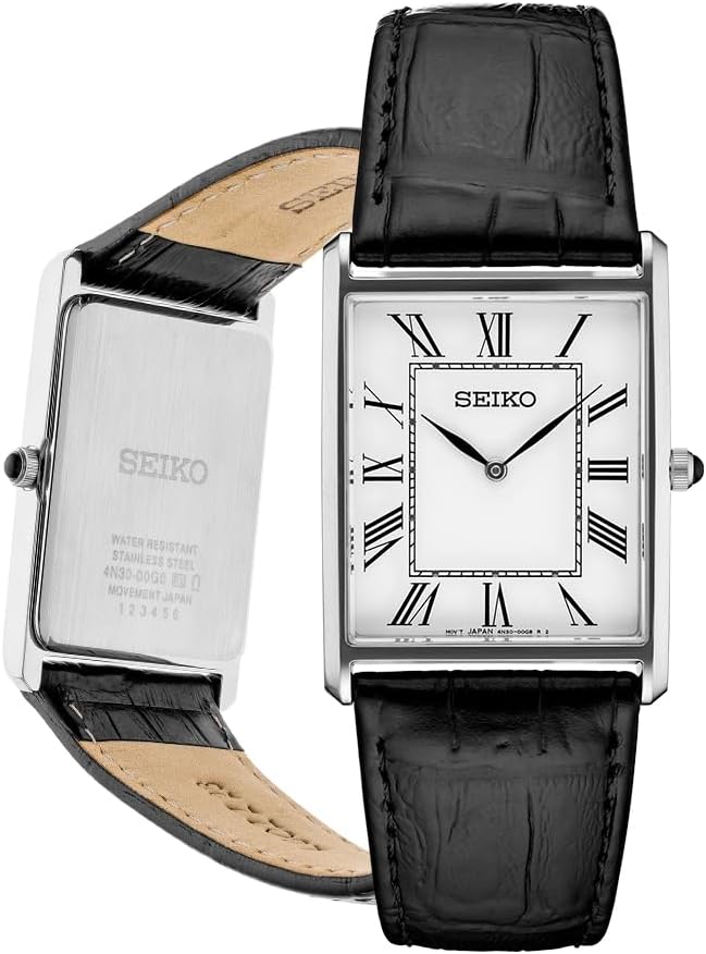 Seiko Essentials Watch for Men - Essentials - Water Resistant with Stainless Steel Rectangular Case and Leather Strap