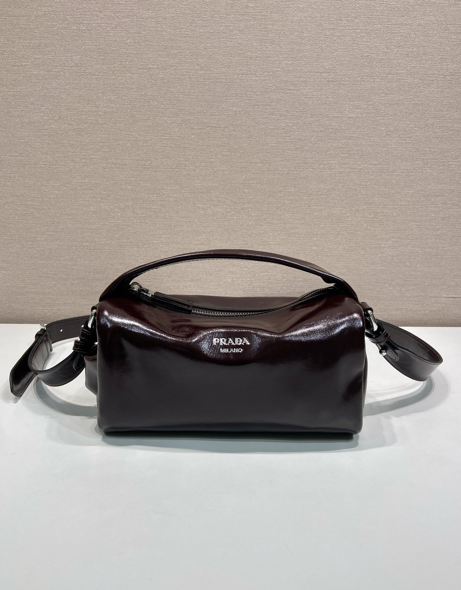 [TOP] PRADA Boston Bag Wax Leather 24x11x11cm - Chocolate