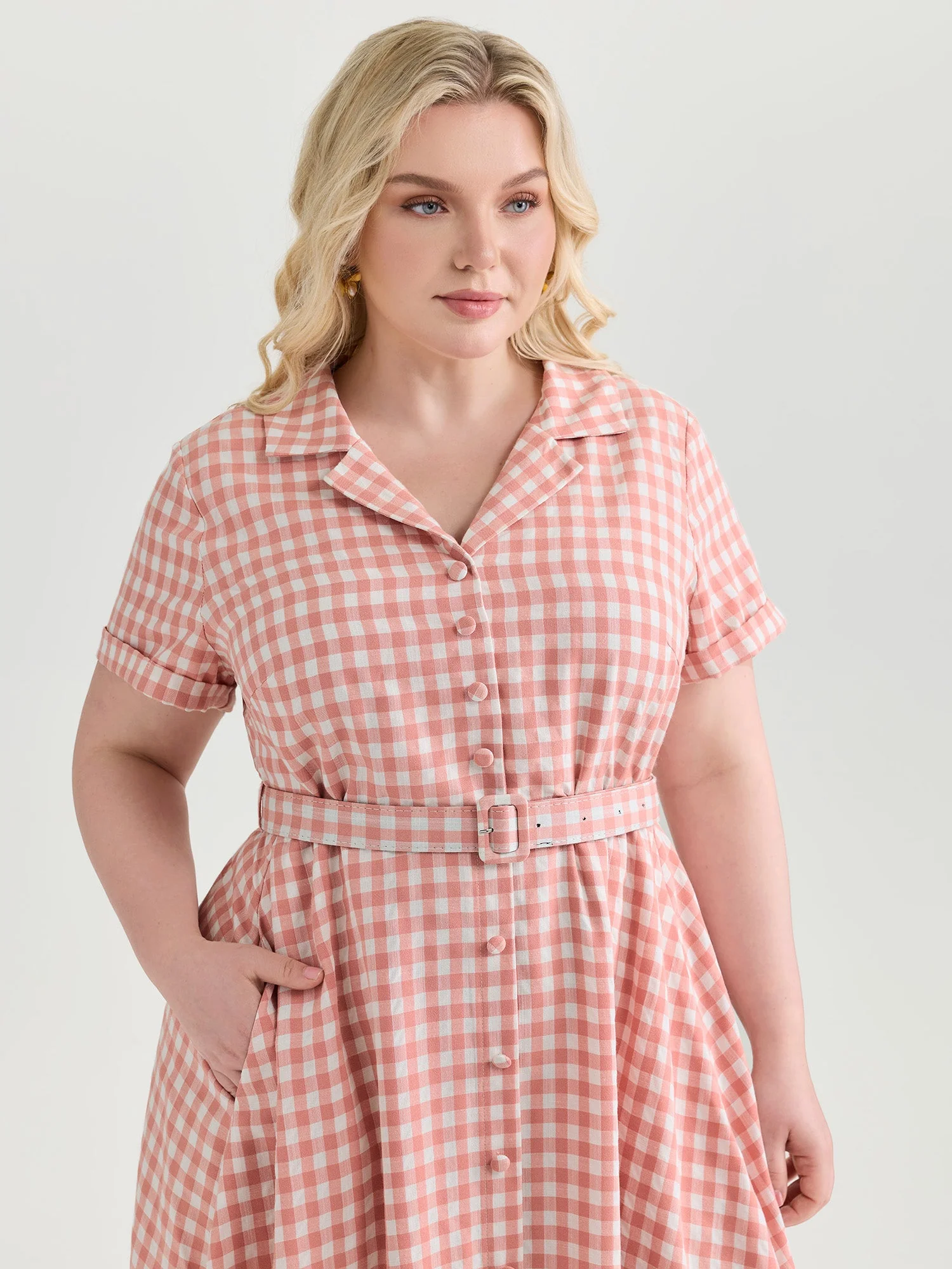 Retro Gingham Print Collared Midi Dress