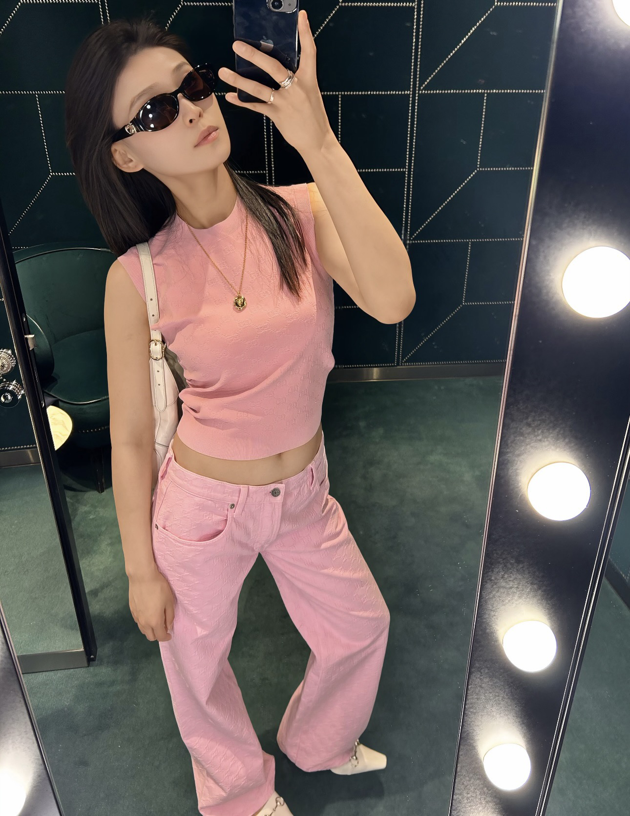 [TOP] GUCCI Jacquard Crew Neck Sleeveless Vest Top - Pink