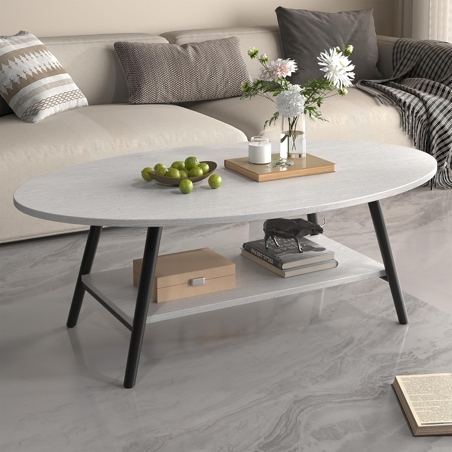 Hawthyhome Coffee Tables, Round Nesting Tables Tet of 2, Modern Side Tables with Metal Frame, Industrial Stacking End Tables for Living Room Bedroom Office, 60cm*40cm, Creamy White