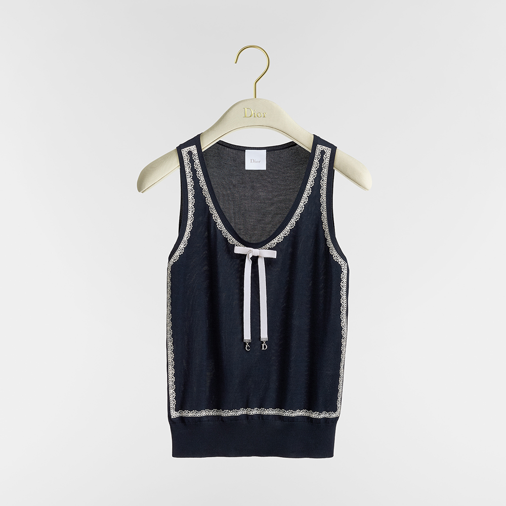 DIOR Sweater Vest Navy Blue Silk Knit and White Lace #380203