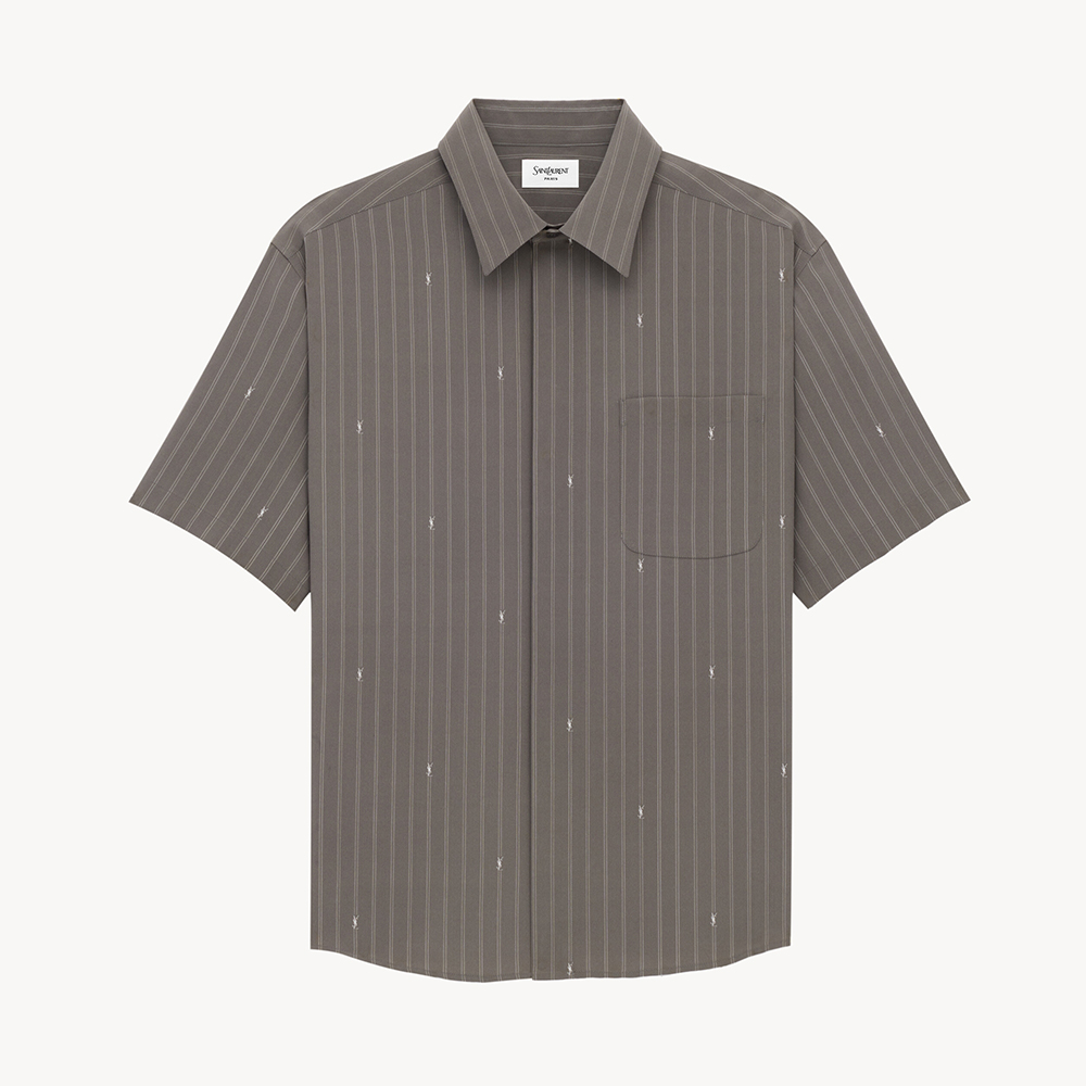 Saint Laurent Shirt in Cassandre Stripe Silk Crepe De Chine in Grey Silver #385016
