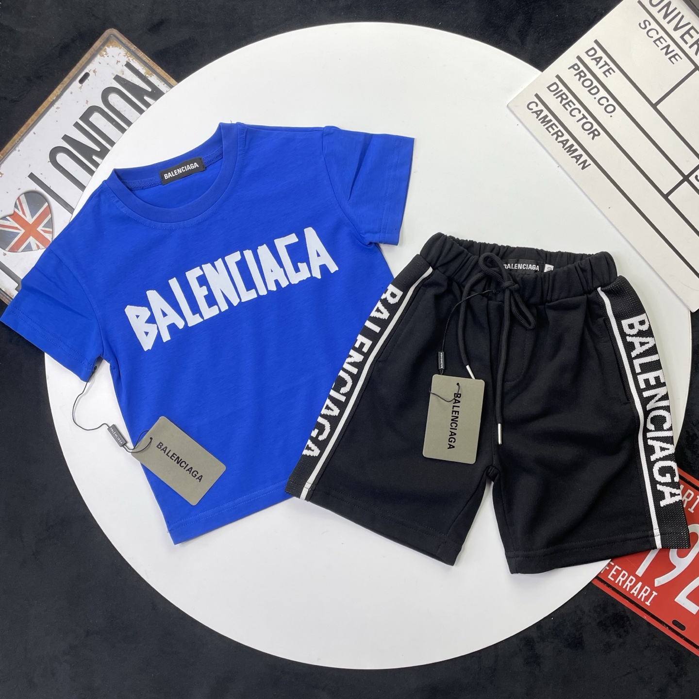 Balenciaga Unisex Kids Bright Blue Bold White Letter Short Sleeve T-Shirt & Black Side Striped Logo Sweat Shorts 2 Piece Set Boys Girls Sizes 90-150