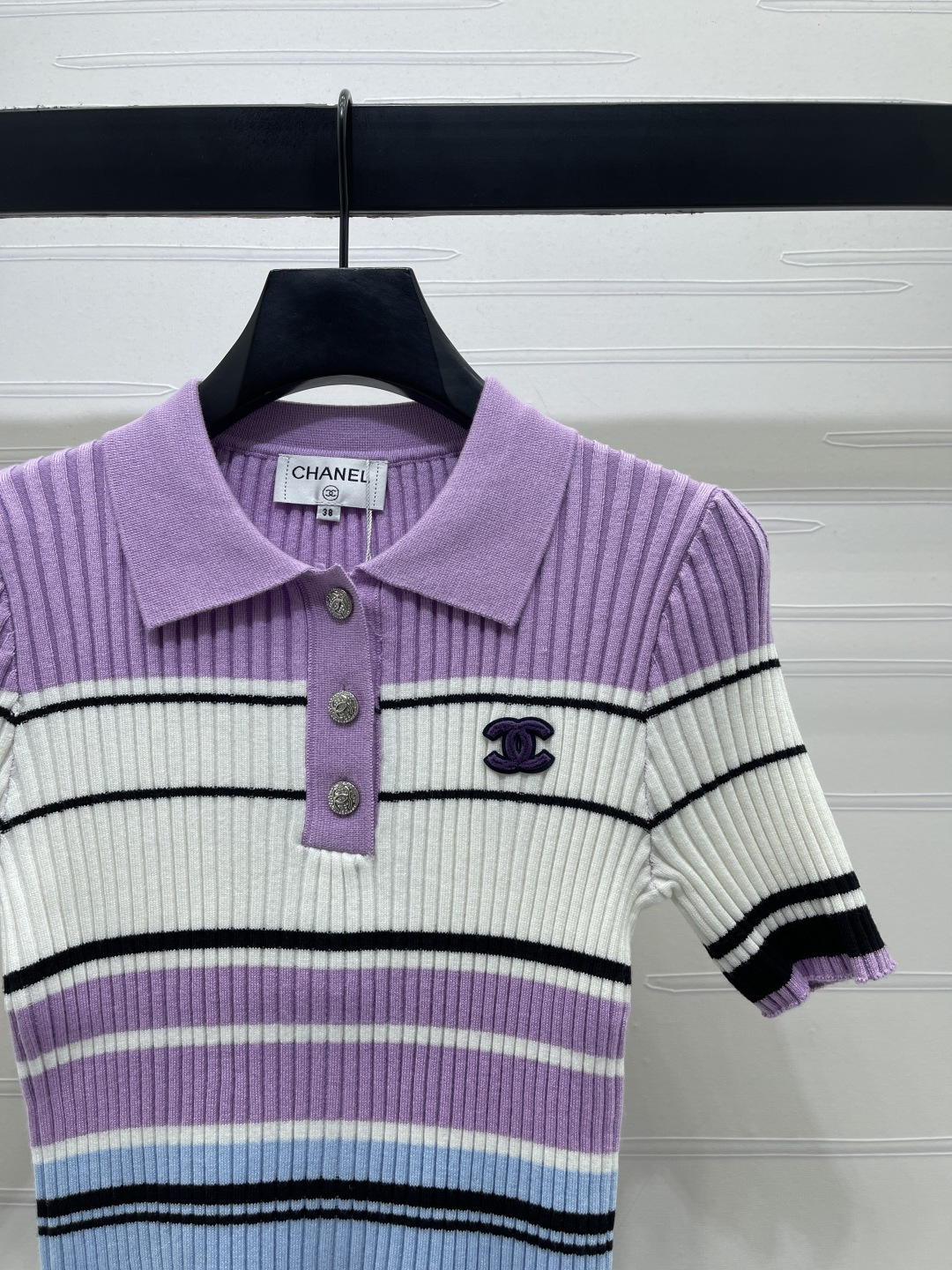 [TOP] CHANEL  Color-blocked Striped Collared Knit Short-sleeved Shirt - Purple - 711 Luxury