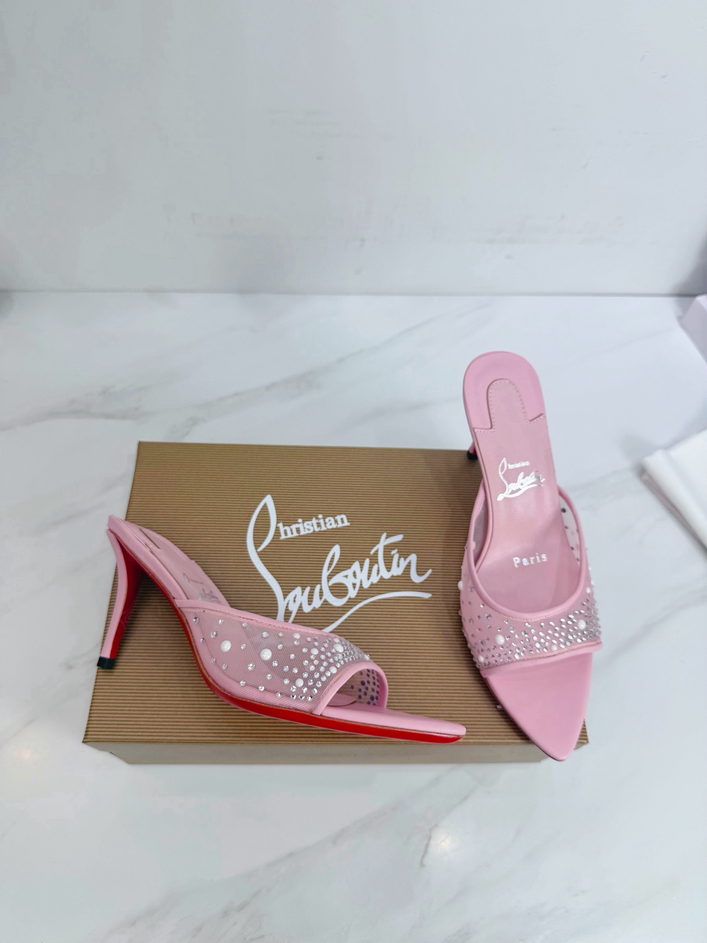 [TOP] Christian Louboutin 8.5cm High Heel Slippers - Pink - 711 Luxury