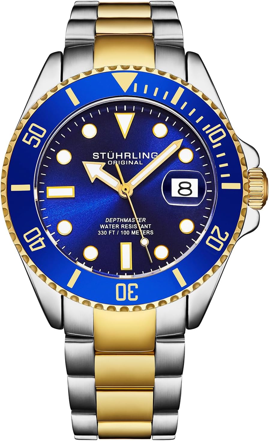 Stuhrling Original Men's Dive Watch - Blue Dial Dive Watch for Men, Swiss Quartz, Two Tone Stainless Steel Wrist Watch, 100M Water Resistant Watch, Durable Watch for Men, Classic Men’s Wrist Watch