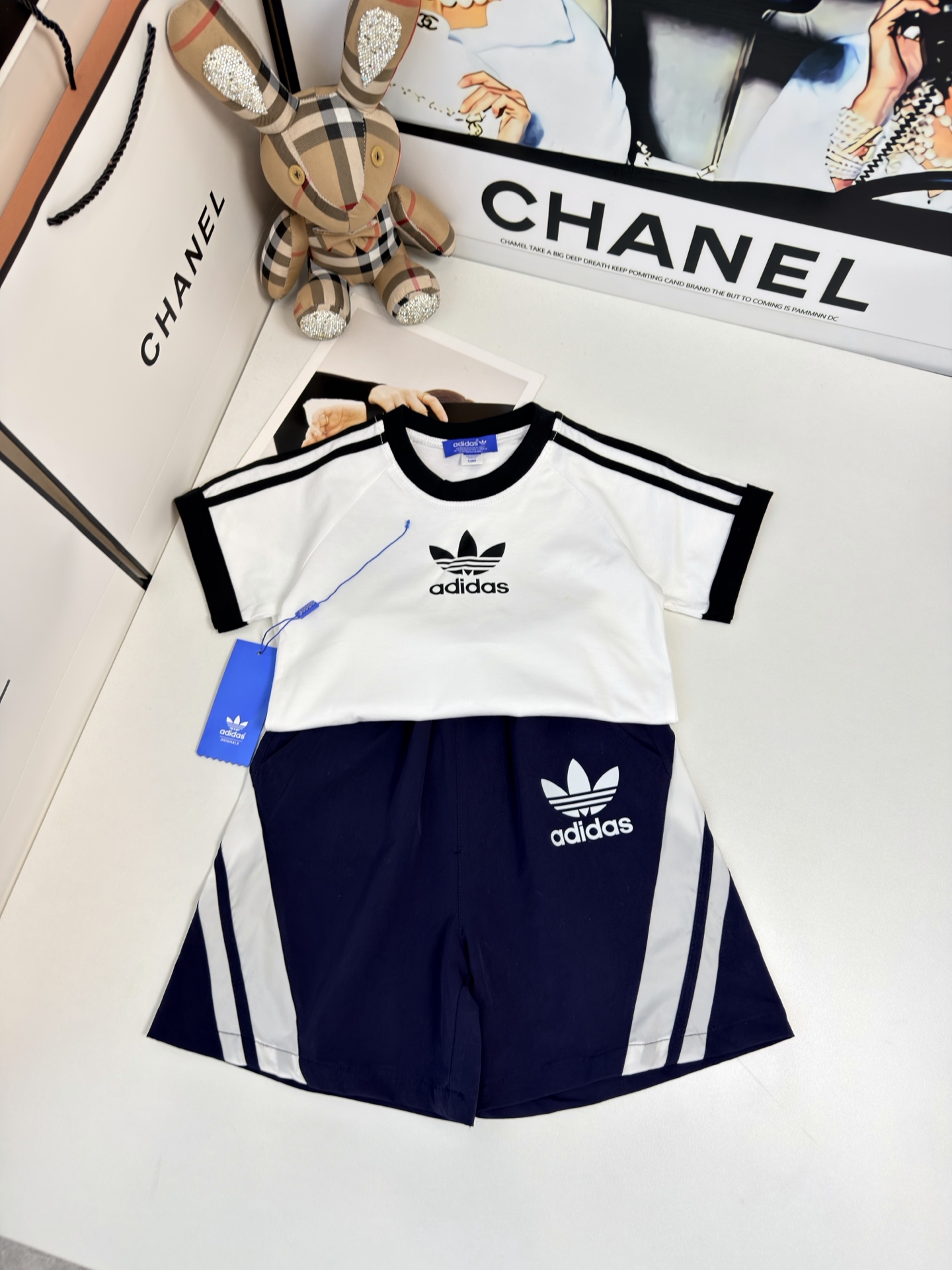 Adidas Unisex Kids 2-Piece Three Stripes Trefoil Cotton Short Sleeve Tee & Athletic Shorts Set Boys Girls
