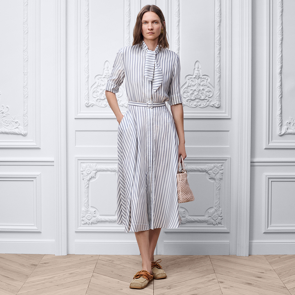 DIOR Mid-Length Belted Dress Gray and White D-Stripes Silk Jacquard #381771