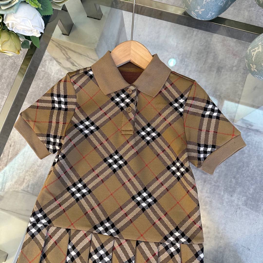 Burberry Kids Vintage Check Polo Short Sleeve Two Piece Outfit Girls Pleated Dress Boys Shorts Sibling Matching Set Sizes 100-150 Khaki Plaid